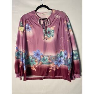 Vintage 70s Ms Claire NY Purple-Blue Floral Tunic Blouse Women's 2XL Hippie